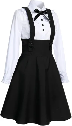 Vista 2 de Vestido Lolita negro para mujer, talla grande, línea A, cintura alta, conjunto de falda de anime, trajes de sirvienta, disfraz de Halloween y cosplay