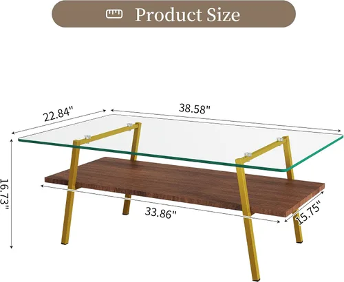 Vista 2 de IANIYA Mesa de centro de cristal para sala de estar, pequeña mesa auxiliar dorada de mediados de siglo para sala de estar con estantes de madera