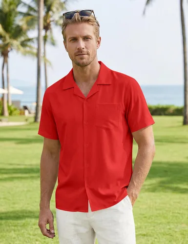 Vista 5 de ZEROYAA Camisas de manga corta con botones y ajuste regular para hombre Rojo llama