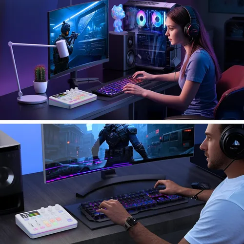 Vista 6 de Facmogu G9 Mezclador de Audio, Mezclador de PC RGB para Transmisión con Interfaz XLR para Micrófono, Control de Volumen, Botón de Silencio