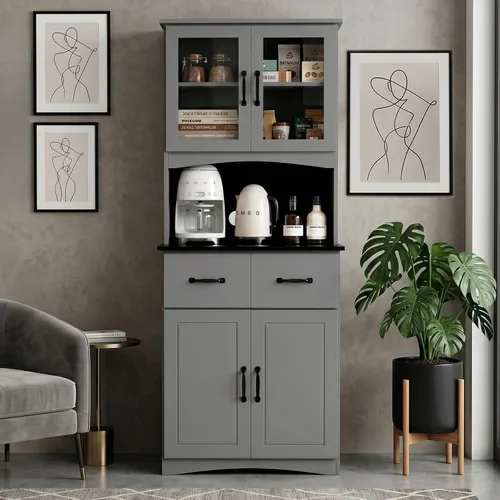 Vista 9 de 67" Kitchen Pantry Cabinet with Glass Doors & Drawers Adjustable Shelves, Anti-Tip Safety, Space-Saving for Small Kitchens, Easy-Clean, Perfect