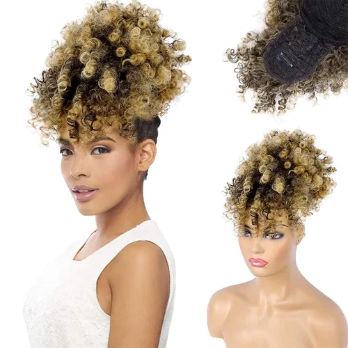 Vista 15 de Cola de caballo con cordón y flequillo, extensiones de cola de caballo afro para mujer, cola de caballo corta y rizada con flequillo con clip para 1b