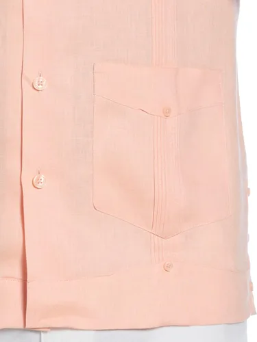 Vista 4 de Cubavera Camisa guayabera de manga corta con botones para hombre, 100% lino, cuatro bolsillos, cuello de campamento, detalle de pintuck, ligera