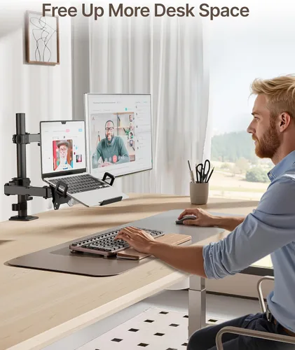 Vista 9 de monTEK Soporte para monitor y portátil para escritorio, brazo de monitor de altura ajustable para pantalla de hasta 32 pulgadas y portátil de 17