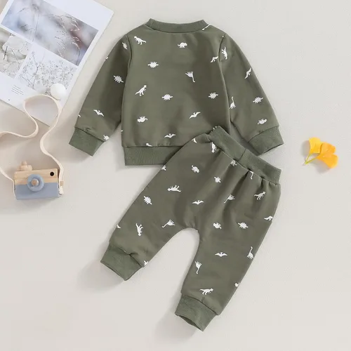 Vista 7 de Thorn Tree Conjunto de ropa de dinosaurio para niños pequeños, sudadera de cuello redondo, suéter de manga larga, pantalones de bolsillo sólido