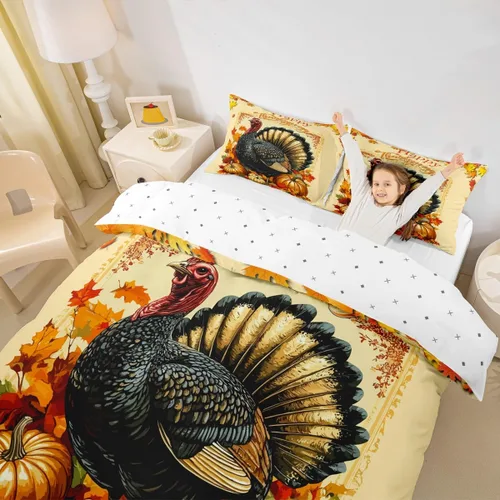 Vista 4 de Erosebridal Juego de funda de edredón individual de pavo de Acción de Gracias, juego de ropa de cama de calabaza y hojas de otoño para niños