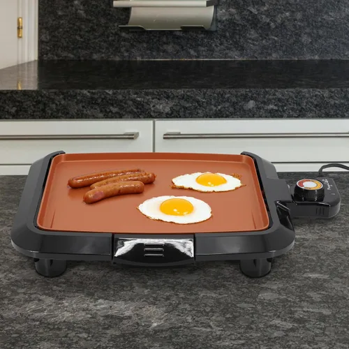 Vista 6 de MegaChef Parrilla eléctrica con revestimiento antiadherente de cobre, control de temperatura ajustable y bandeja de goteo, versátil electrodoméstico
