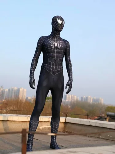 Vista 4 de PEFGRP El disfraz de superhéroe negro de Halloween está hecho de tela de elastano, transpirable y elástica