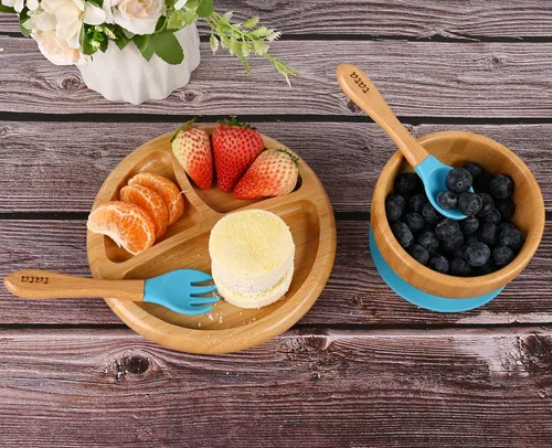 Vista 7 de Plato de succión y cuenco de bambú con tenedor y 2 cucharas Plato de alimentación de madera dividido para niños pequeños Juego de utensilios