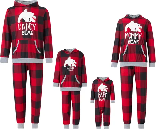 Vista 2 de FULA-bao Pijamas familiares de vacaciones a juego, pijamas de Navidad con estampado de mamá oso y pantalones a cuadros