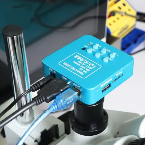 Vista 6 de Cámara de microscopio HDMI HD 2MP 30FPS HDMI USB Industrial Digital Teléfono Cámara Microscopio para Microscopio Binocular Trinocular (Color : Azul)