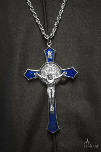 Vista 4 de Venerare Gran cruz pectoral de San Benito con esmalte de color (azul)