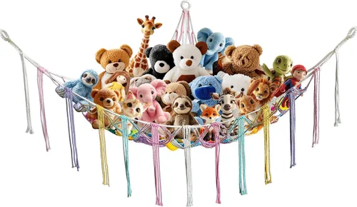 Vista 8 de Hamaca esquinera de animales de peluche con ganchos, cama colgante de tela suave para juguetes de peluche, organizador de almacenamiento de Beige
