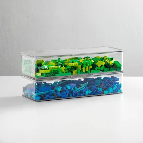 Vista 2 de mDesign Contenedores de Cajas Organizadoras Largas de Plástico para Sala de Juegos/Gaming de Almacenamiento con Tapa con Bisagras para Estantes