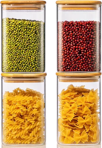 Vista 7 de Paquete de 4 tarros cuadrados de vidrio de 21 onzas con tapas de bambú, recipientes de almacenamiento de alimentos de vidrio con tapas herméticas