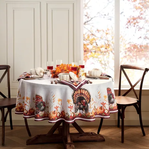 Vista 2 de Elrene Home Fashions Autumn Heritage - Mantel resistente a las arrugas, diseño de pavo, redondo de 70 pulgadas