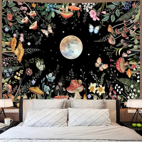 Vista 4 de AMM Tapiz de jardín con luna iluminada por la luna, plantas verdes botánicas, hongos, flores, tapiz para colgar en la pared, color negro