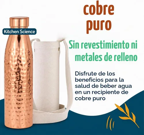 Vista 2 de Kitchen Science - Botella de agua de cobre martillado de 34 onzas con bolsa de transporte, a prueba de fugas, resistente, botella ayurvédica