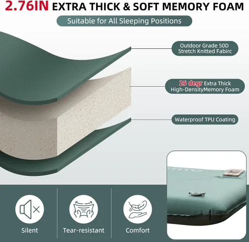 Vista 4 de Colchoneta de dormir autoinflable con bomba eléctrica, 3.14 pulgadas de espuma viscoelástica ultra gruesa para acampar, fácil de inflar y desinflar