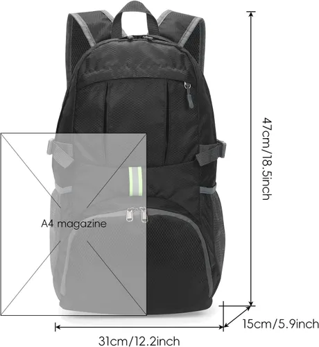 Vista 6 de Yaopeing Mochila ligera, plegable de 25 litros, resistente al agua, bolsa de hombro de viaje al aire libre para mujeres y hombres, color negro