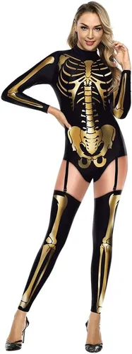Vista 36 de Sister Amy Disfraz de esqueleto de calavera para mujer de Halloween, traje ajustado de una pieza J-colorido esqueleto