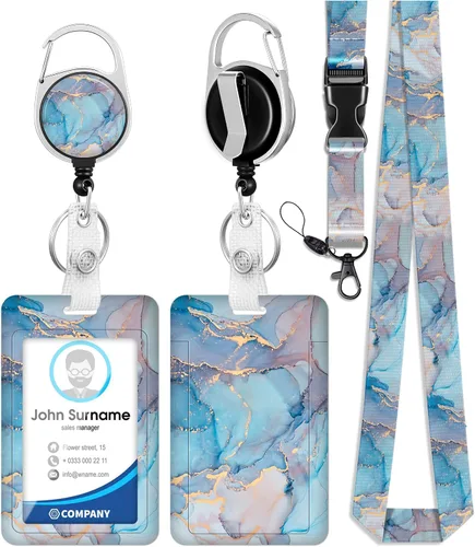 Vista 13 de Soporte para tarjetas de identificación con cordón y clip retráctil para carretes de insignias, cordón de mármol para identificación, protector