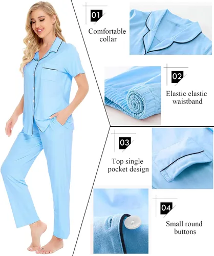 Vista 3 de SWOMOG conjunto de pijama de dos piezas para mujer, ropa de dormir de manga corta, con botones, pantalones largos