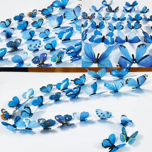 Vista 2 de Ewong 60 piezas de decoración de pared de mariposa 3D, calcomanías de pared Azul
