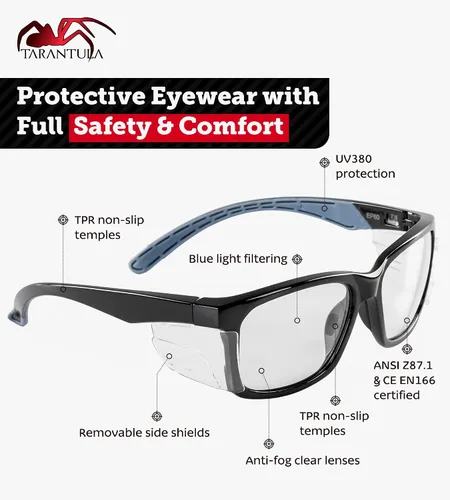 Vista 2 de Gafas de seguridad Tarantula Z87.1 para hombres y mujeres, patillas de TPR suave, lentes transparentes antiempañamiento, bloqueo de luz azul