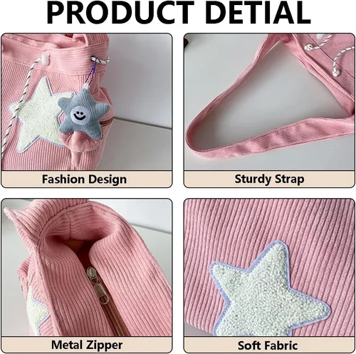 Vista 4 de Bolso cruzado de pana para mujer, diseño de estrella, bolso de mensajero estético, lindo bolso de hombro Y2K