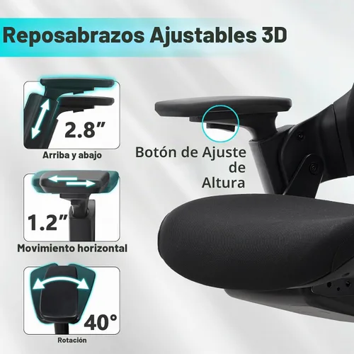 Vista 5 de CLATINA - Silla ejecutiva ergonómica giratoria, con reposabrazos 3D de altura ajustable y respaldo lumbar, tapizada, ideal para hacer trabajos