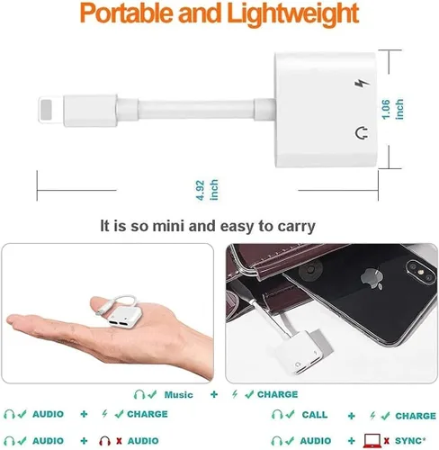 Vista 14 de [Certificado Apple MFi] Divisor de adaptador de auriculares para iPhone, 2 en 1, cargador Lightning doble, adaptador de audio auxiliar para iPhone