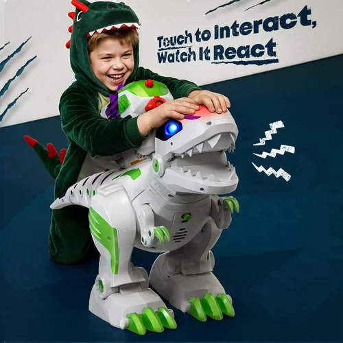 Vista 3 de Ruko 8809 Juguetes de dinosaurio para niños, gran T-Rex de control remoto recargable, con funciones programables, camina, ruge, ojos LED y disparo
