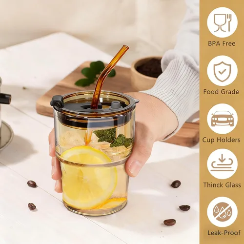 Vista 4 de Tumbler de Vidrio para Agua de 15 oz Juego de 2 Vasos de Café Helado Color Ámbar, Tumbler de Vidrio Matcha con Pajita y Tapa Tumbler Reutilizable
