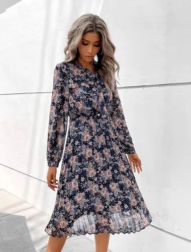 Vista 5 de HAOKEKE Vestido de gasa de manga larga para mujer, vestido de gasa retro con cuadrícula marrón, botones plisados, lazo hacia abajo, vestido de mujer