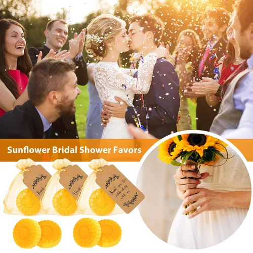 Vista 6 de Demissle Juego de 50 recuerdos de fiesta de boda, regalos de jabón de girasol para invitados con etiqueta de agradecimiento, bolsas de regalo