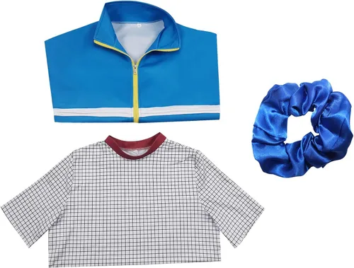 Vista 7 de Gionli Disfraz de Stranger Max para adultos, chaqueta de Halloween, uniforme escolar, sudadera con coletero, Azul