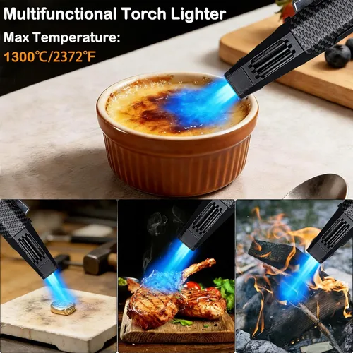 Vista 2 de Encendedor de butano, soplete de cocina recargable con bloqueo de seguridad, sopletes solares de llama de chorro ajustable a prueba de viento