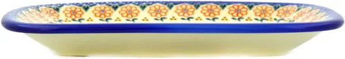 Vista 3 de Auténtico plato de cerámica polaca de 10 pulgadas en diseño amarillo hecho a mano en Bolesławiec Polonia por Ceramika Bona + certificado