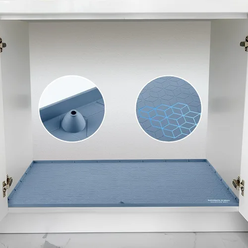 Vista 8 de Tapete impermeable para debajo del fregadero, para armario de cocina y baño debajo del fregadero, 28 x 22 pulgadas, forro de silicona negra