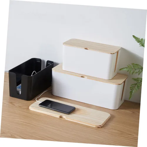 Vista 9 de Cable Storage Box with Natural Wood Lid Medium Black Power Line Organizer Household Wire Storage Case for Charging Cables and Socket Management for