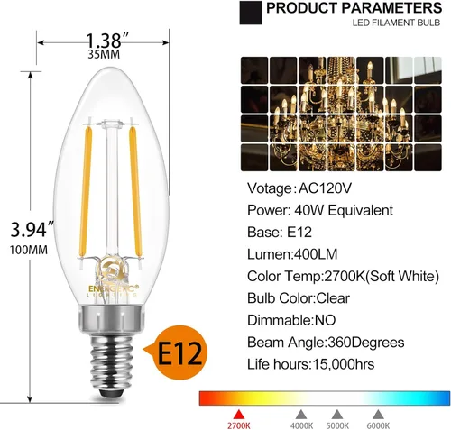 Vista 2 de Energetic - Bombilla LED E12 Classic Candelabro transparente, 4 W, equivalente a 40 W, 400 lúmenes, blanco suave 2700 K, bombilla de filamento