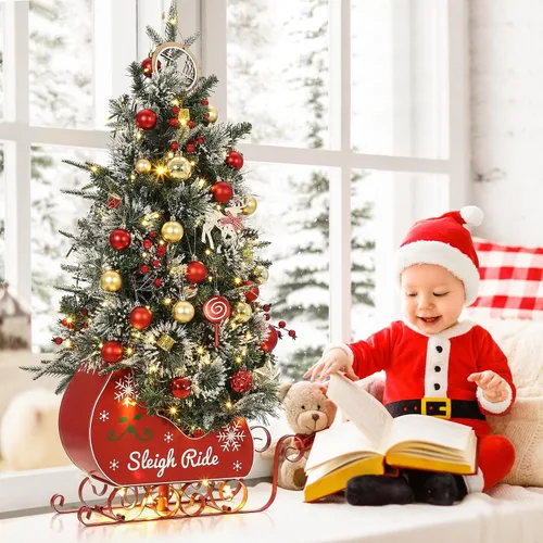 Vista 9 de GarveeHome Mini árbol de Navidad artificial preiluminado de 3 pies para mesa, árbol de Navidad con 85 luces LED blancas cálidas, base de bolsa