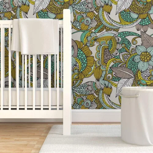Vista 6 de Muestras de papel tapiz para despegar y pegar, mostaza, menta, flores, garabatos, líneas, puntos, círculos, estilo vintage, bohemio, papel tapiz