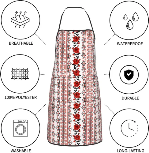 Vista 6 de Delantal de chef para hombres y mujeres, estilo bordado ucraniano, color rosa, delantales unisex con cintura ajustable para cocinar, jardinería