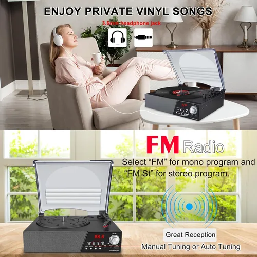 Vista 5 de LUXSWAY Tocadiscos, tocadiscos con altavoces estéreo para discos de vinilo, Bluetooth vintage de 3 velocidades, control remoto, radio