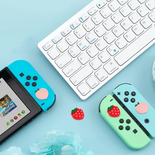 Vista 4 de GORGECRAFT Juego de 4 tapas de botón de joystick de silicona suave de durazno y fresa, funda protectora compatible con Switch OLED Lite Console