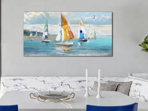 Vista 6 de Ardemy Arte de pared de barco de velero, arte abstracto azul con textura náutica, pintura costera grande para sala de estar, dormitorio, oficina