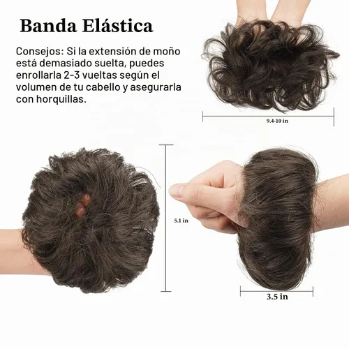 Vista 3 de FESHFEN Paquete de Moños Desaliñados - 100% Cabello Humano, Moños Reales, Gomas para el Cabello, Extensiones de Cola de Caballo, Cabello Ondulado 2#