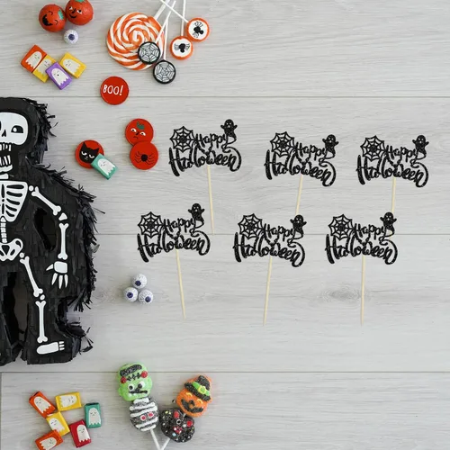 Vista 3 de Ephlyn 24 adornos negros para tartas de Halloween con purpurina fantasma Negro Halloween